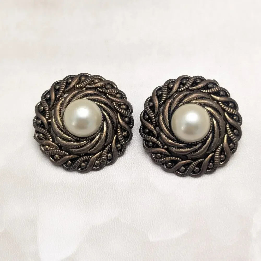Vintage Clip On Earrings Large Chunky Statement Dark Bronzeish Tone Faux Pearl